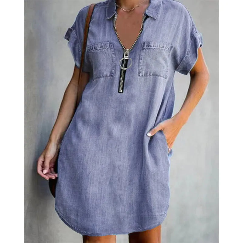 Genevalle - Vestido casual de chambray con bolsillo