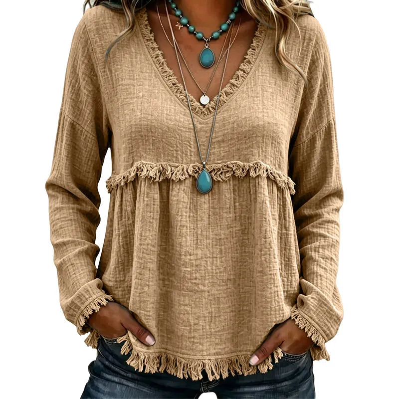 Ariselle - Blusa con escote en V y flecos