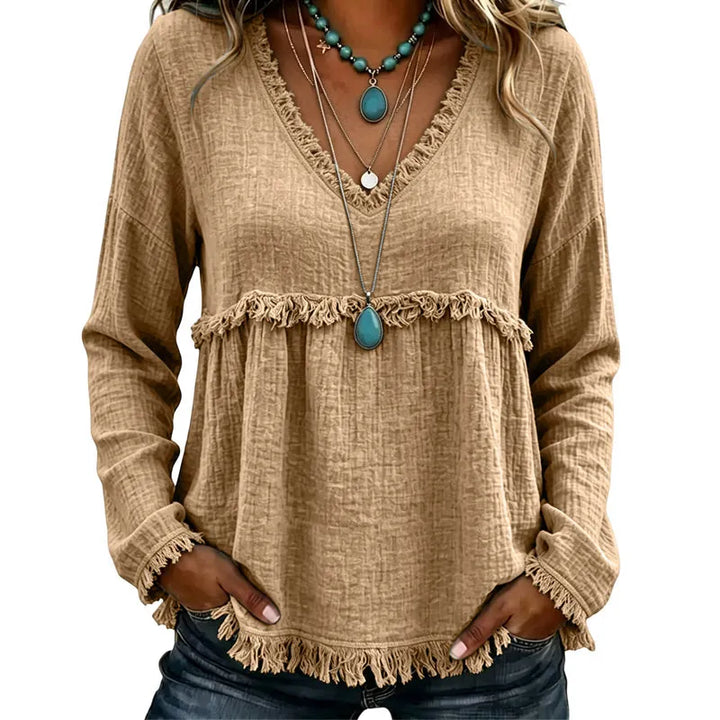 Ariselle - Blusa con escote en V y flecos