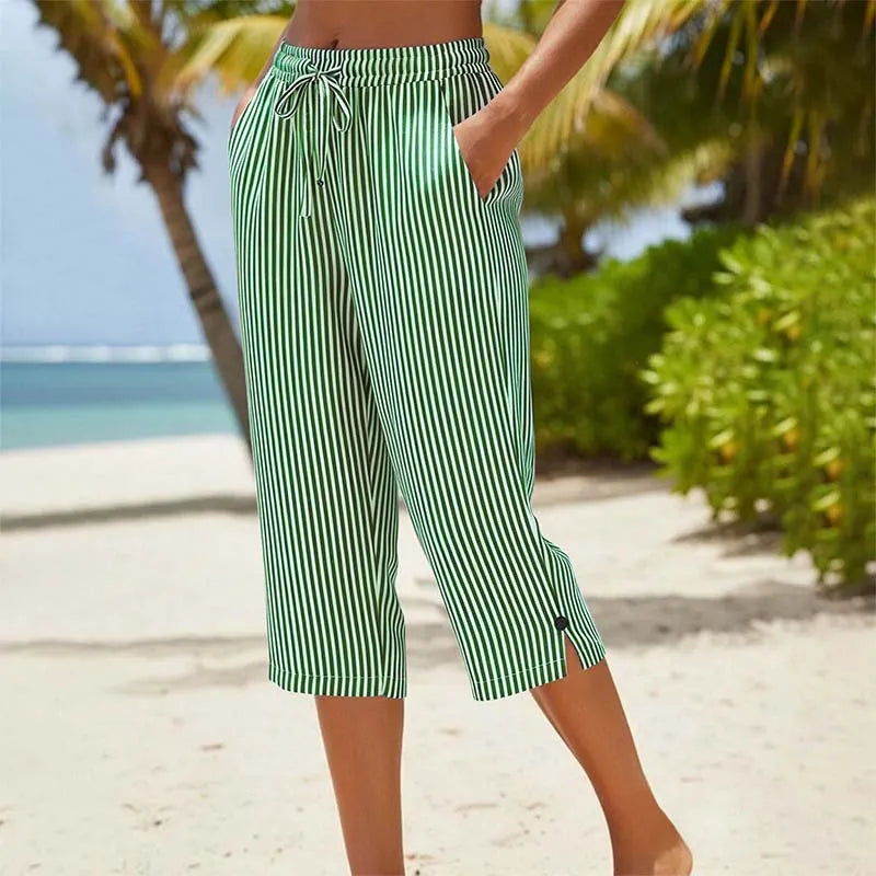 Roselina - Pantalón capri de rayas con cintura ajustable