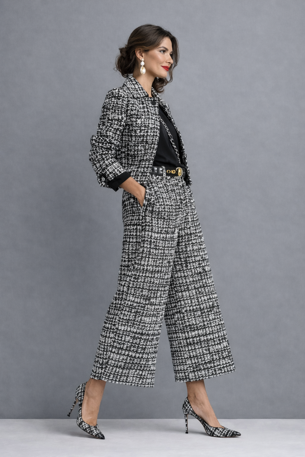Norabel - Conjunto texturizado de chaqueta corta y pantalón de pernera ancha