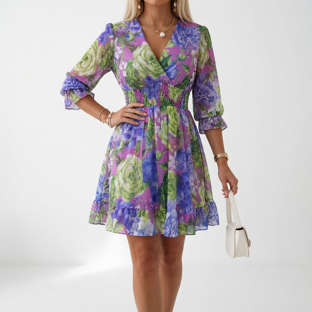 Maelona - Minivestido floral con frunces y tacto suave
