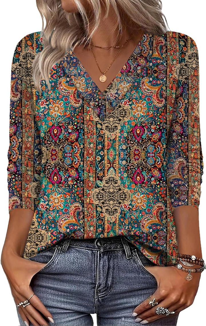 Arianwen - Blusa estampada de tacto suave con escote en V