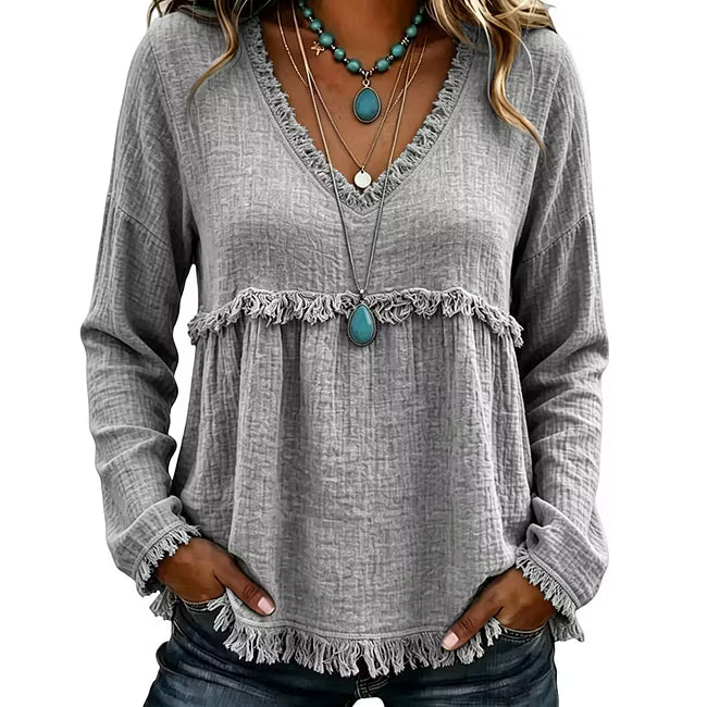 Ariselle - Blusa con escote en V y flecos