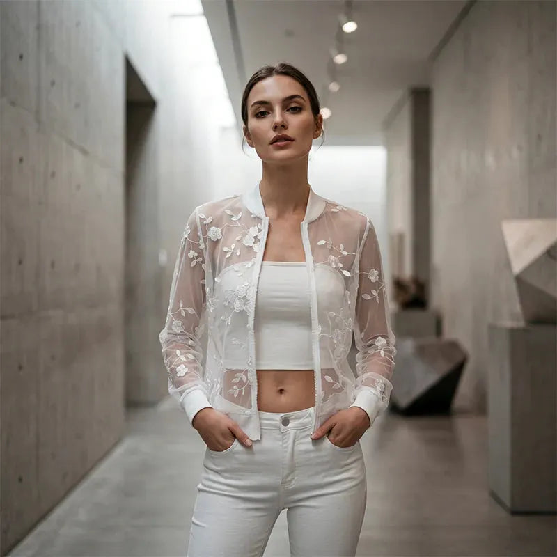 Aderisse - Cárdigan transparente con cremallera y motivo floral