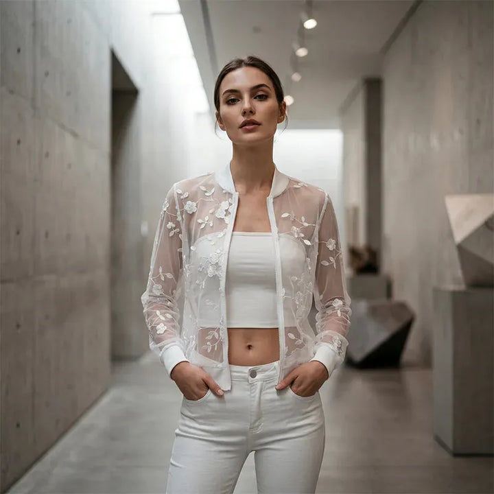 Aderisse - Cárdigan transparente con cremallera y motivo floral