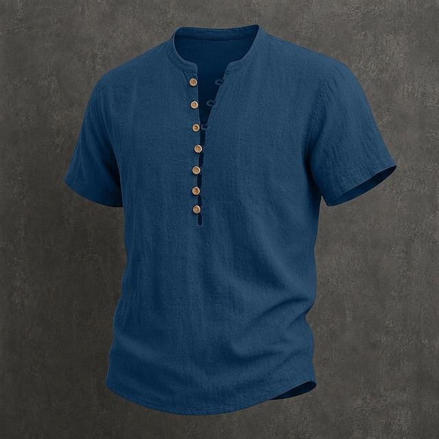 Fulton - Camisa de lino premium de manga corta con cuello mao