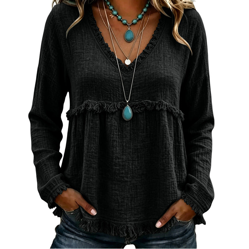 Ariselle - Blusa con escote en V y flecos