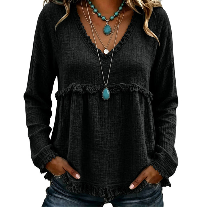 Ariselle - Blusa con escote en V y flecos