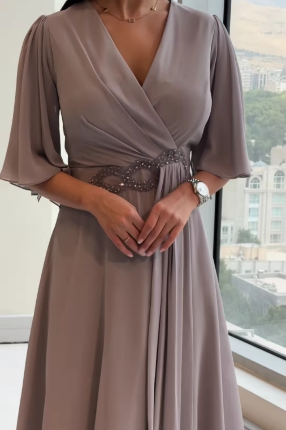Celinette - Vestido largo de Chiffon con Cintura de Cristal