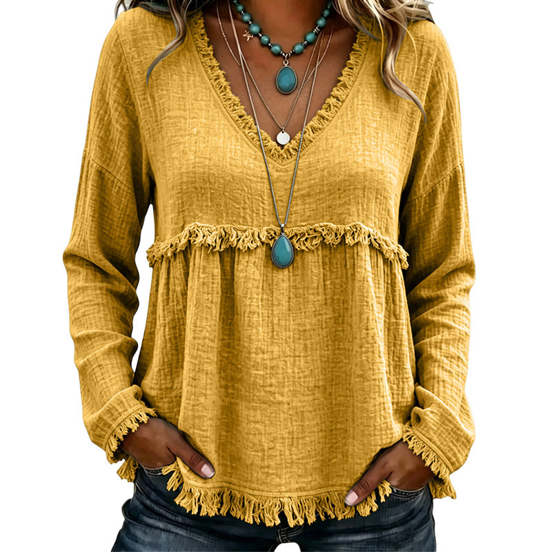Ariselle - Blusa con escote en V y flecos