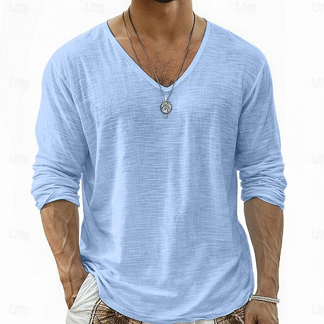 Crispin - Camisa de lino transpirable de manga larga y cuello pico