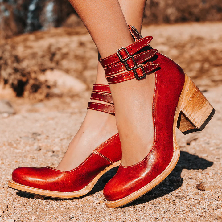 Philomena - Zapatos de tacón de cuero vintage con pulsera al tobillo
