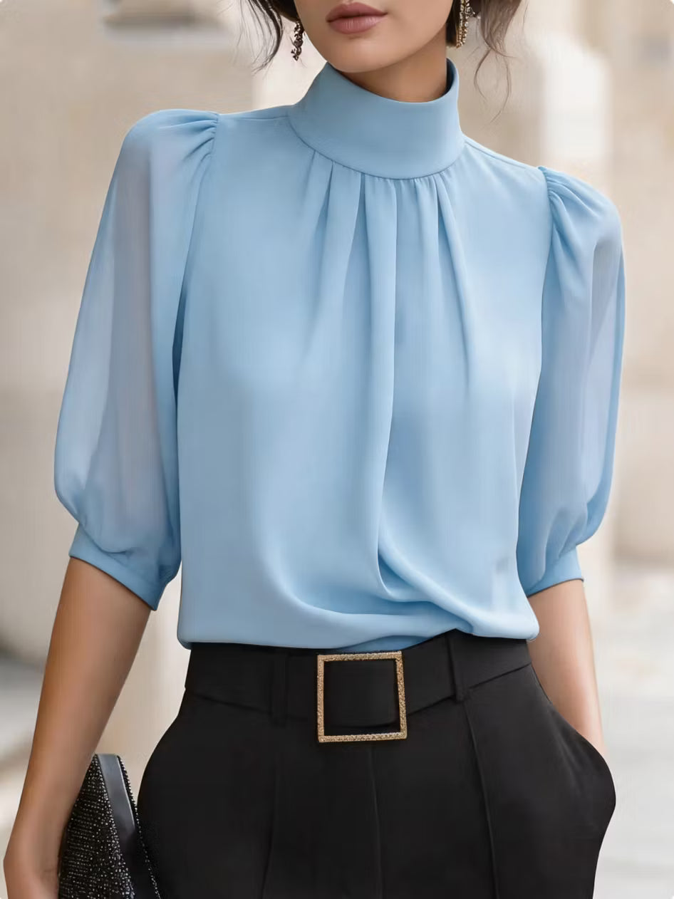 Valessique - Blusa plisada de cuello alto