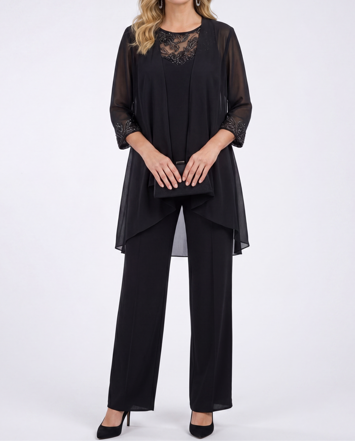 Aeliana - Conjunto elegante de tres piezas con americana y pantalón de pernera ancha