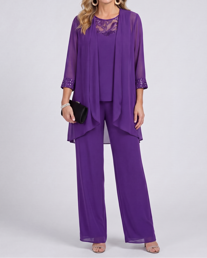 Aeliana - Conjunto elegante de tres piezas con americana y pantalón de pernera ancha