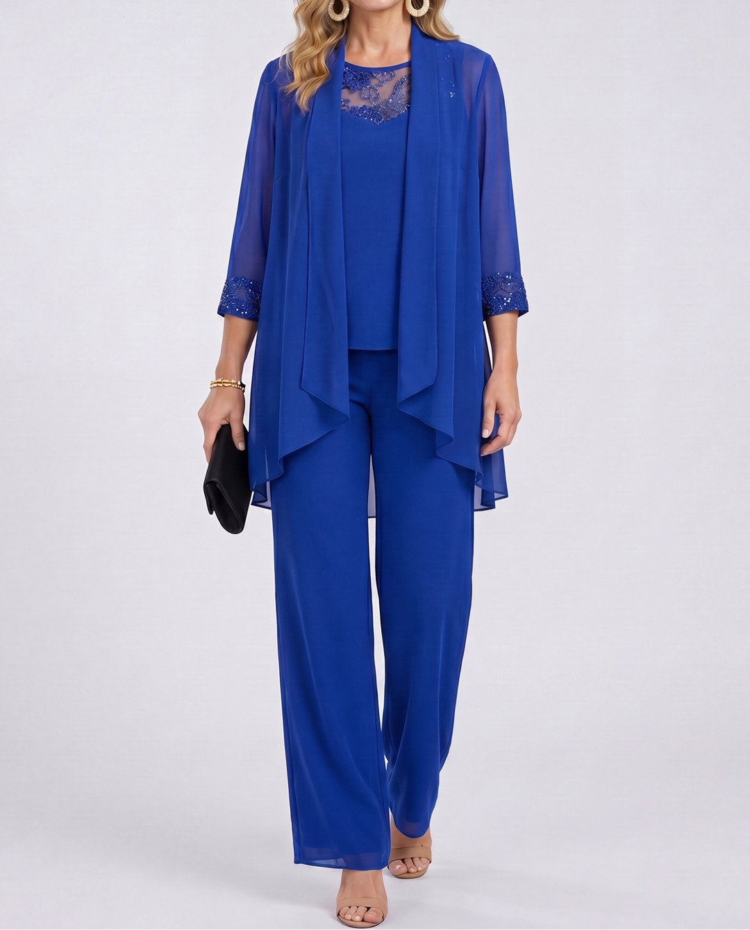 Aeliana - Conjunto elegante de tres piezas con americana y pantalón de pernera ancha