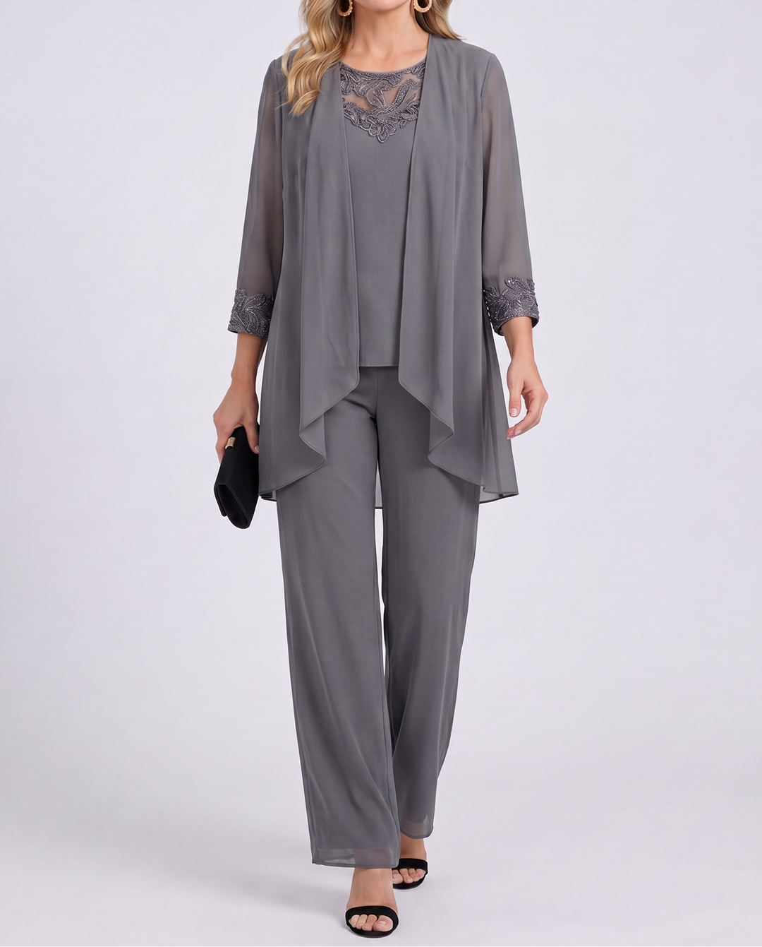 Aeliana - Conjunto elegante de tres piezas con americana y pantalón de pernera ancha