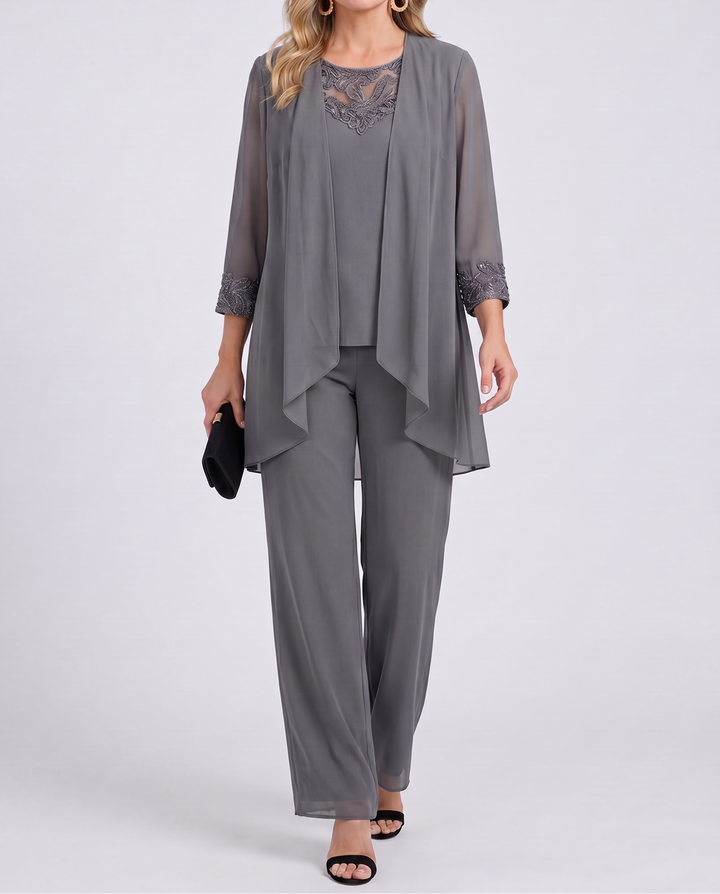 Aeliana - Conjunto elegante de tres piezas con americana y pantalón de pernera ancha