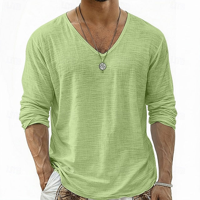 Crispin - Camisa de lino transpirable de manga larga y cuello pico