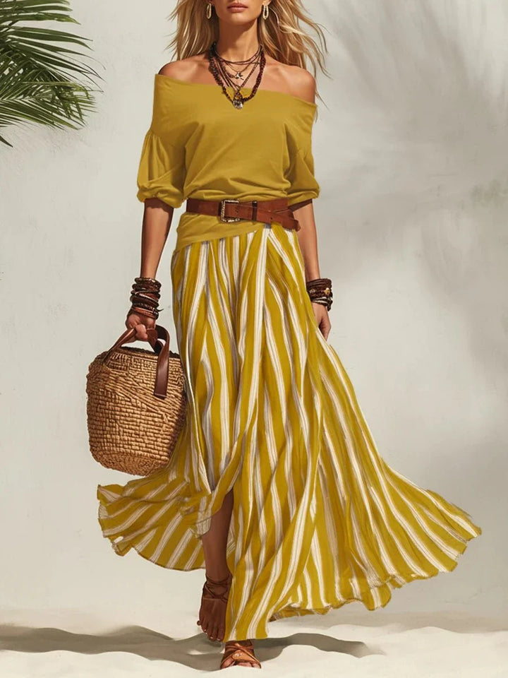 Delphia - Conjunto de falda fresco con escote bardot