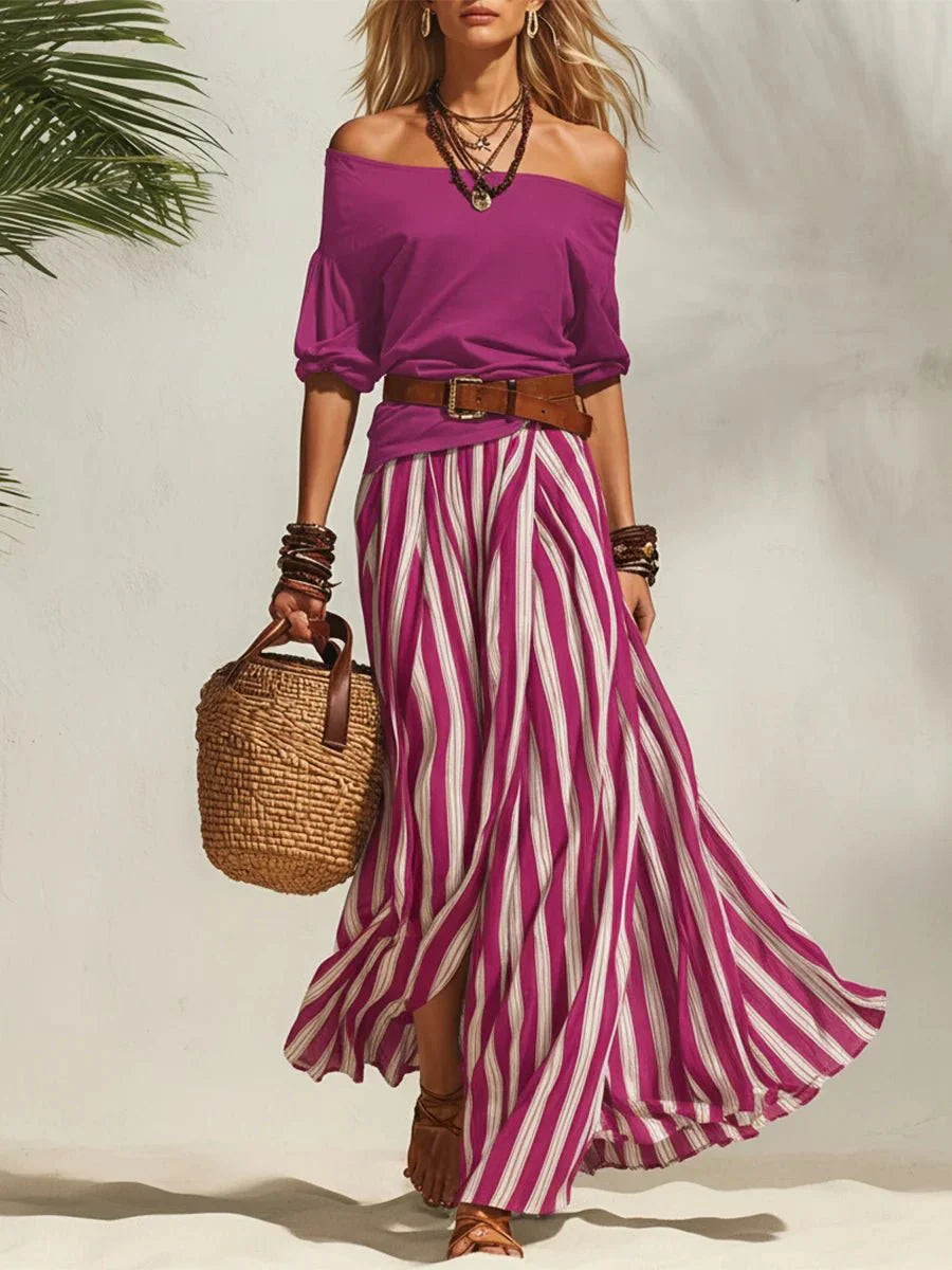 Delphia - Conjunto de falda fresco con escote bardot