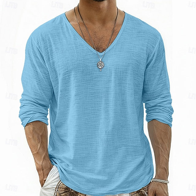 Crispin - Camisa de lino transpirable de manga larga y cuello pico