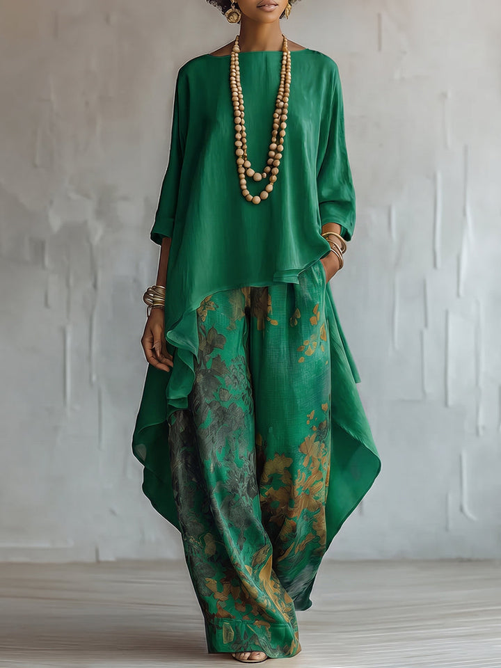 Anwyn - Conjunto de top de gasa con capas y pantalón de pierna ancha