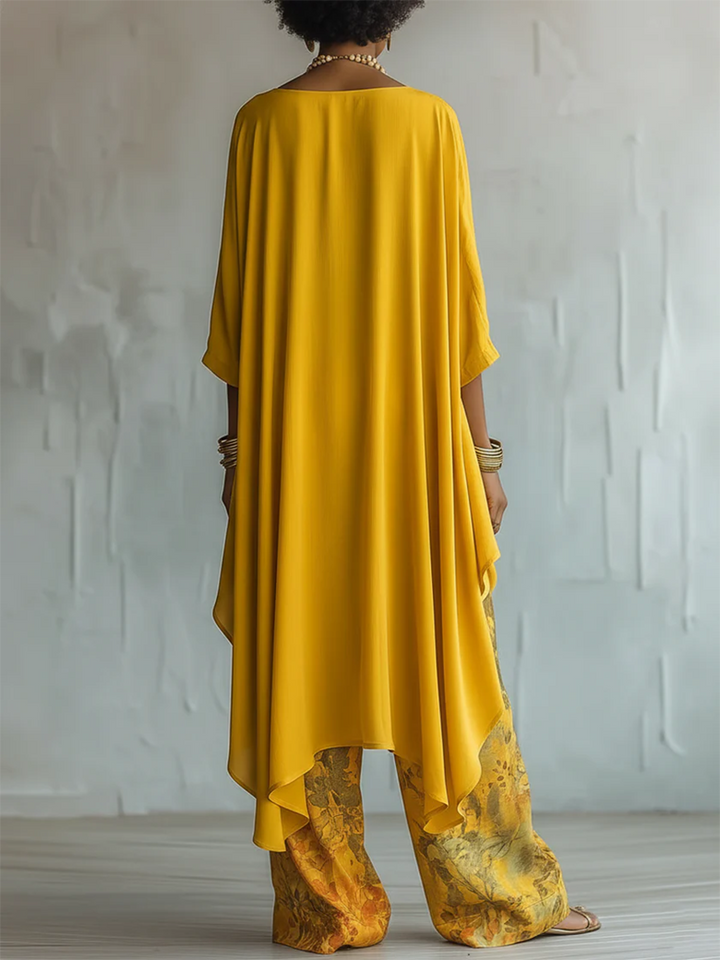 Anwyn - Conjunto de top de gasa con capas y pantalón de pierna ancha