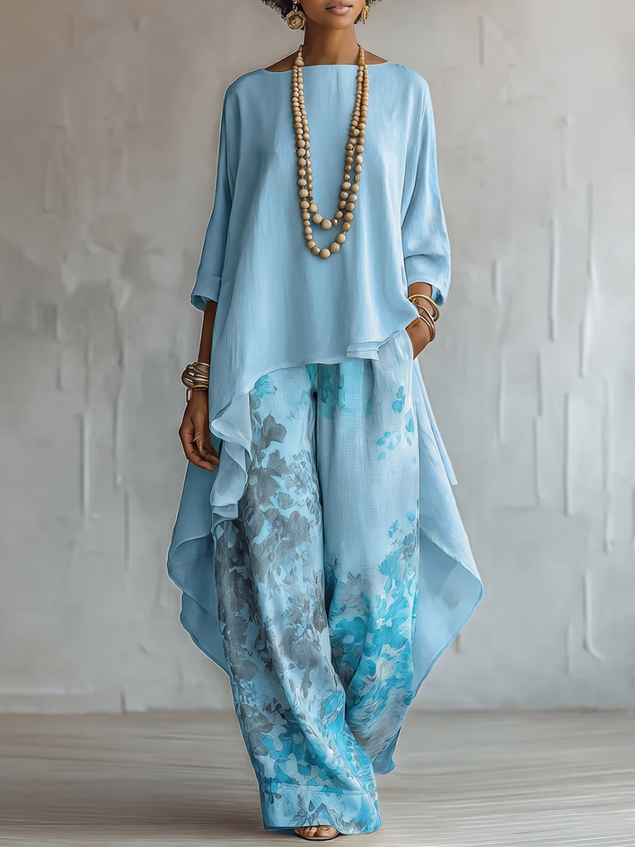 Anwyn - Conjunto de top de gasa con capas y pantalón de pierna ancha