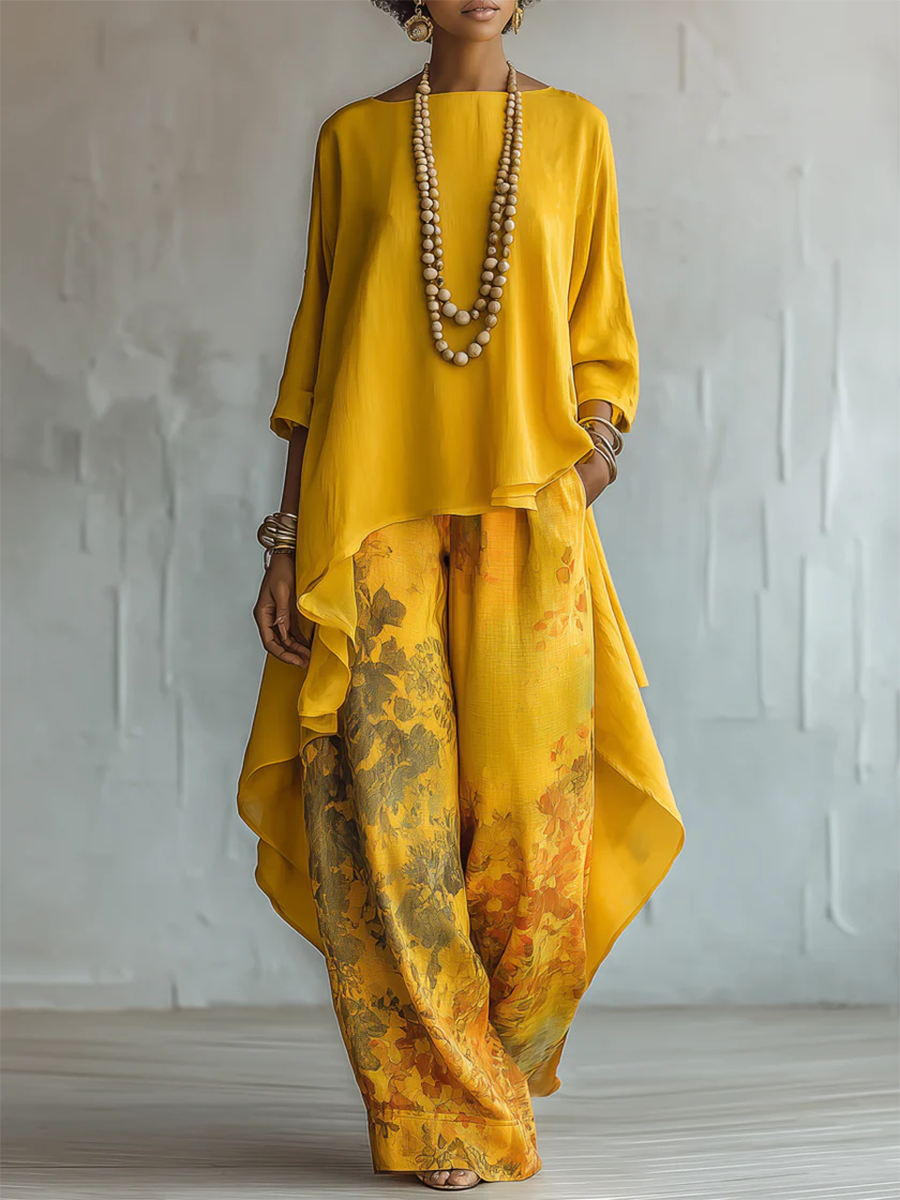Anwyn - Conjunto de top de gasa con capas y pantalón de pierna ancha