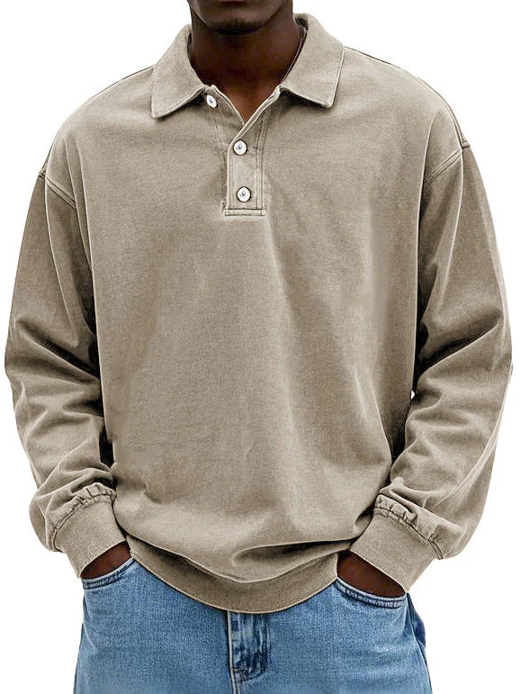 Brychan - Polo de manga larga con lavado vintage