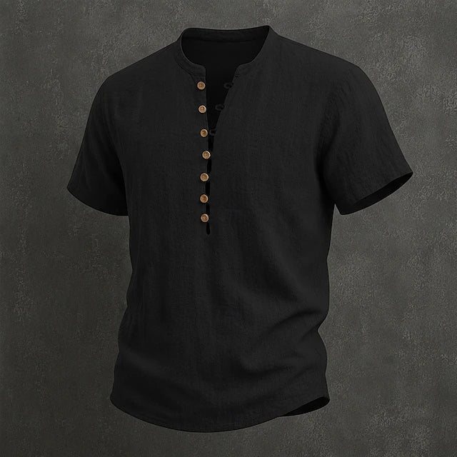 Fulton - Camisa de lino premium de manga corta con cuello mao