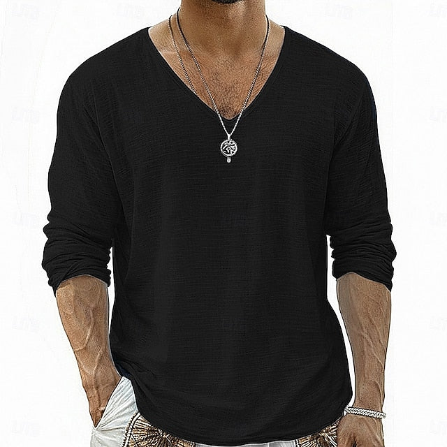 Crispin - Camisa de lino transpirable de manga larga y cuello pico
