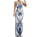Marcella - Vestido largo de porcelana con abertura lateral