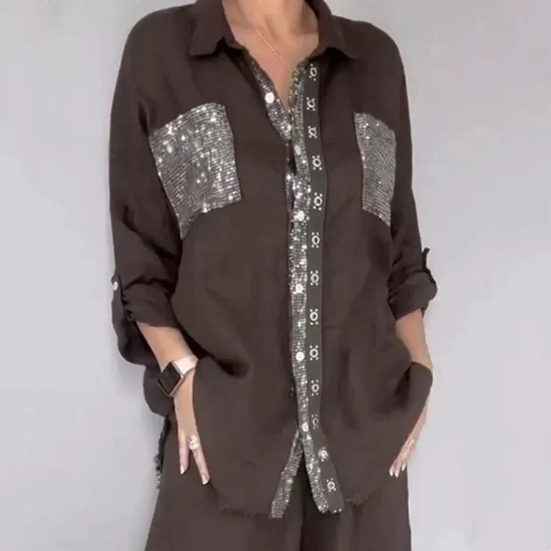 Oriavelle - Conjunto lujoso de blusa y pantalón de lentejuelas