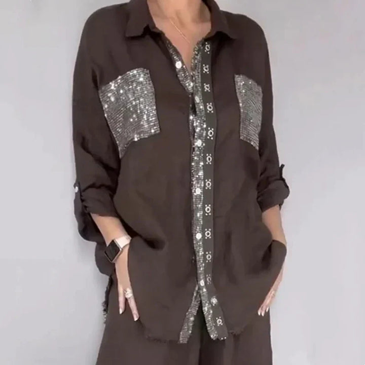 Oriavelle - Conjunto lujoso de blusa y pantalón de lentejuelas