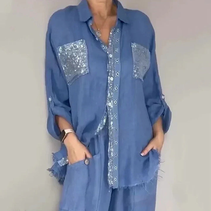 Oriavelle - Conjunto lujoso de blusa y pantalón de lentejuelas