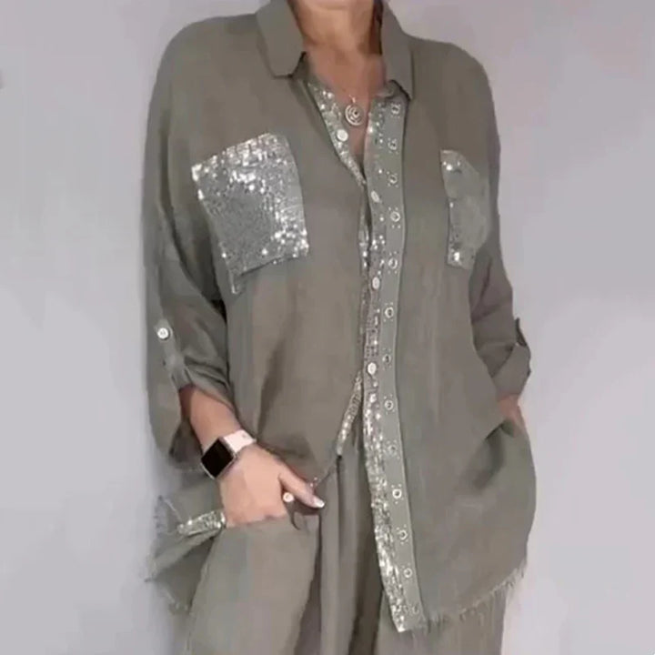 Oriavelle - Conjunto lujoso de blusa y pantalón de lentejuelas