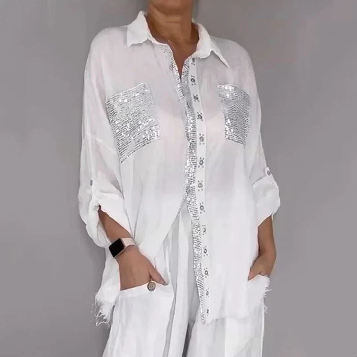 Oriavelle - Conjunto lujoso de blusa y pantalón de lentejuelas