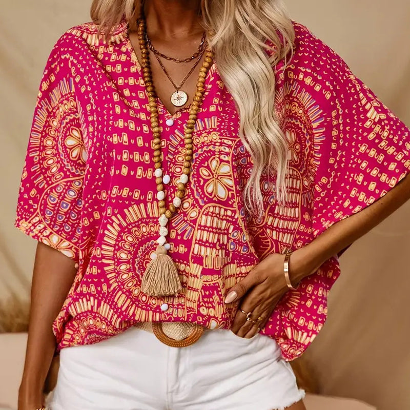 Noellise - Blusa artística de manga murciélago