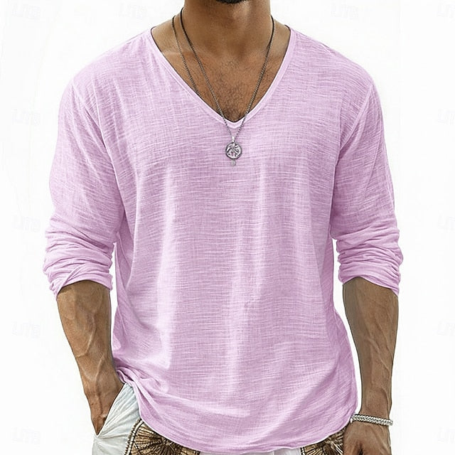 Crispin - Camisa de lino transpirable de manga larga y cuello pico