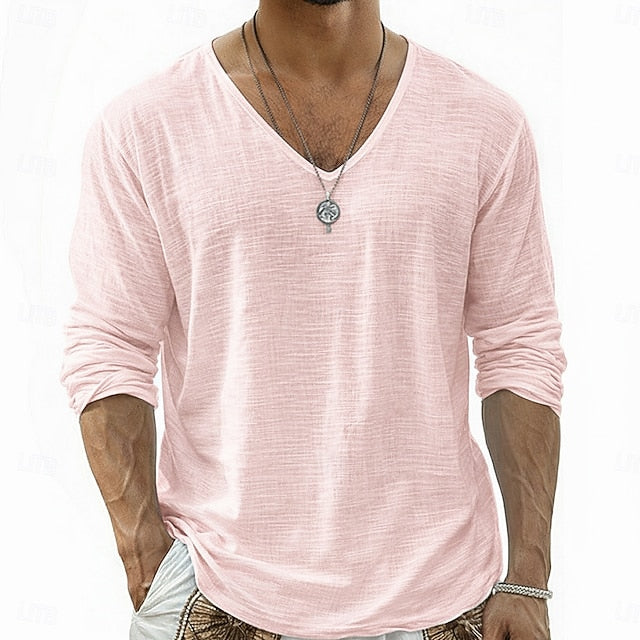 Crispin - Camisa de lino transpirable de manga larga y cuello pico